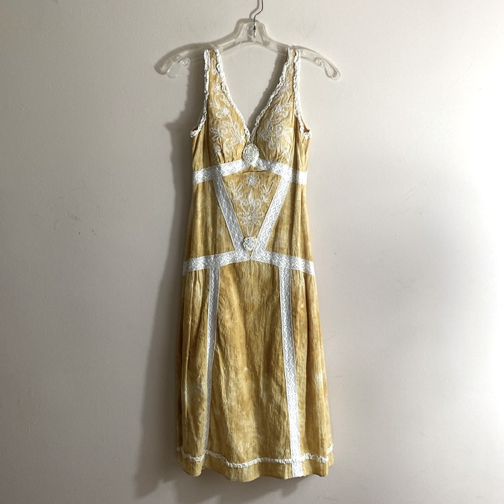 Vintage Mustard Yellow Sue Wong Dress with Embroidery and Lace Trim